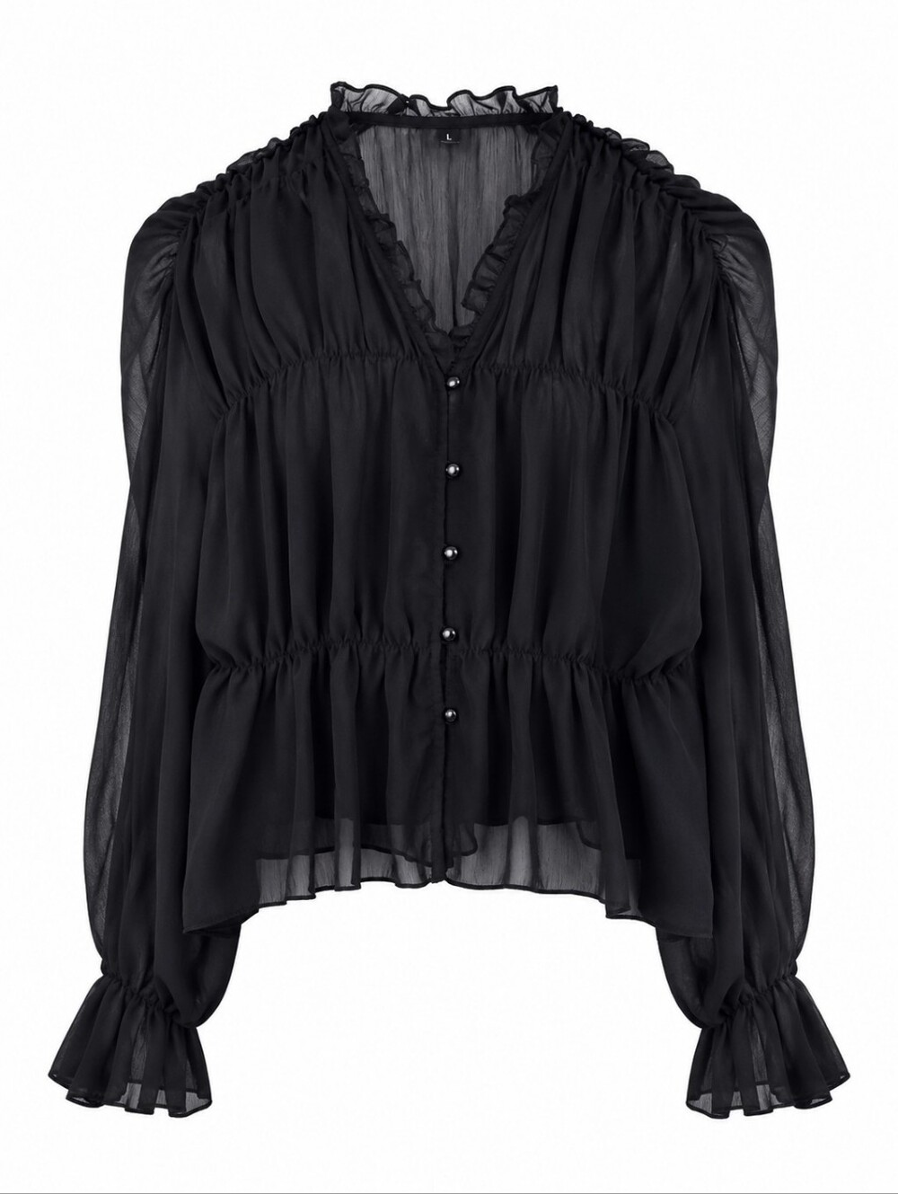 Sheer Black Ruched Balloon Sleeve Blouse, L, Dark Romance, Parisian, Minimalist